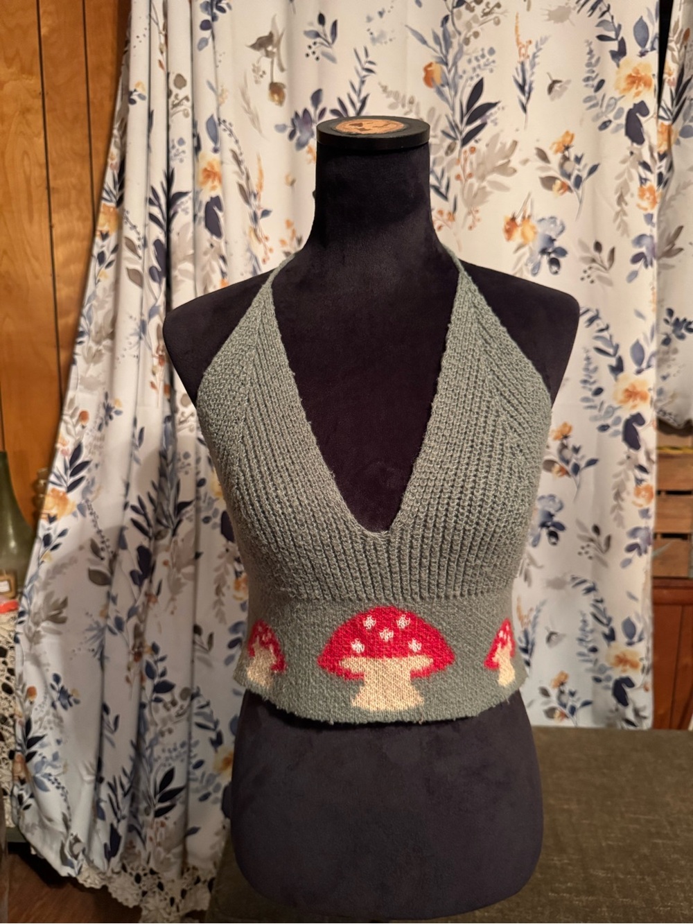 Hand-Knit Olive Green Halter Crop Top with Red Mushroom Detail